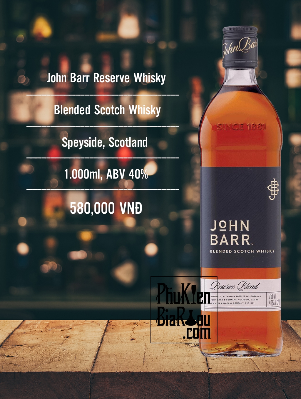 Rượu whisky John Barr Reserve Black Label 1000ml (6 chai/thùng)