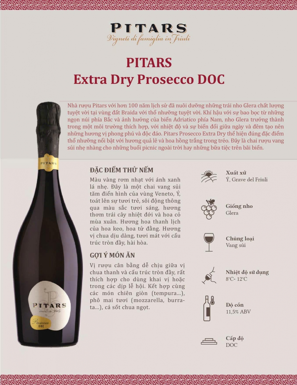 Vang sủi Pitars Prosecco Extra Dry