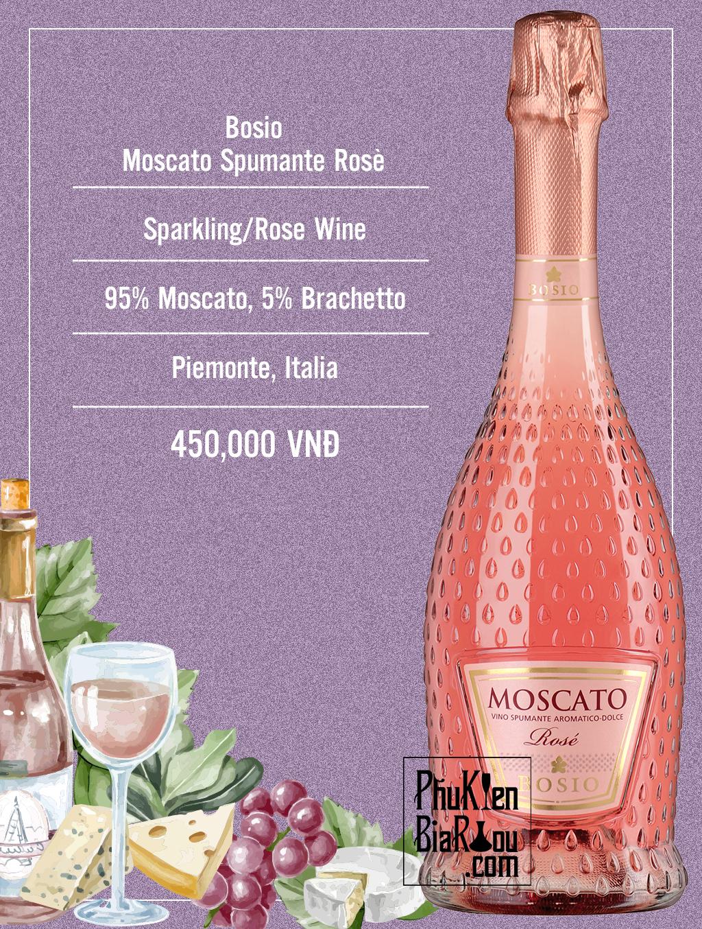 Vang sủi tăm Bosio Moscato Spumante Rosè (6 chai/thùng)