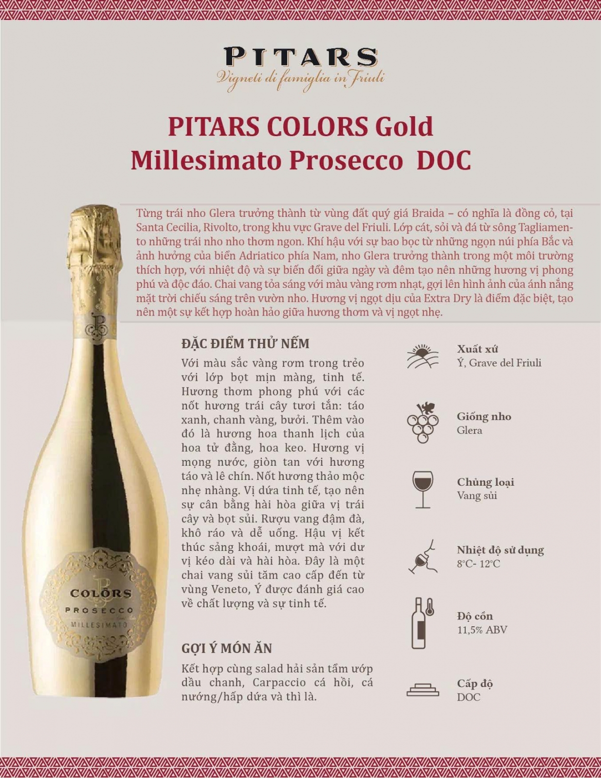 Vang sủi tăm Pitars Prosecco Millesimato